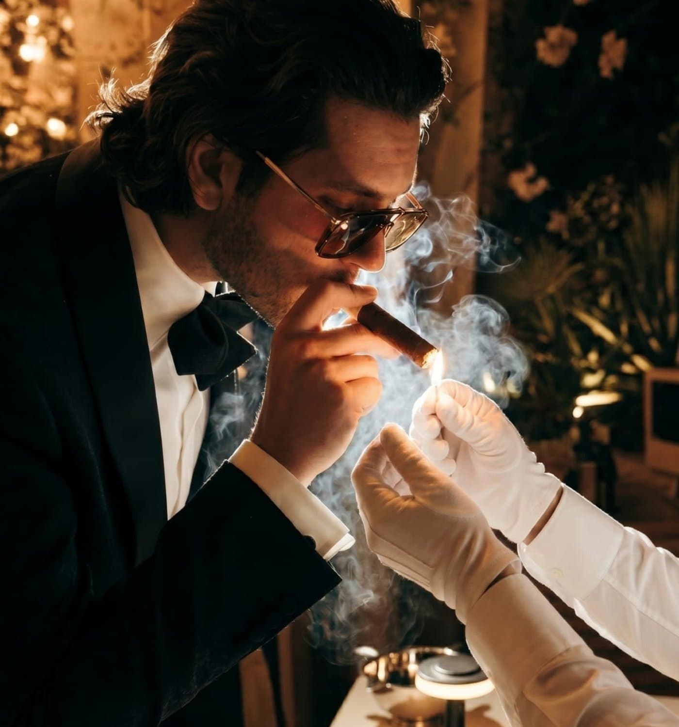 A guest in black tie having his cigar lit by a white-gloved hand