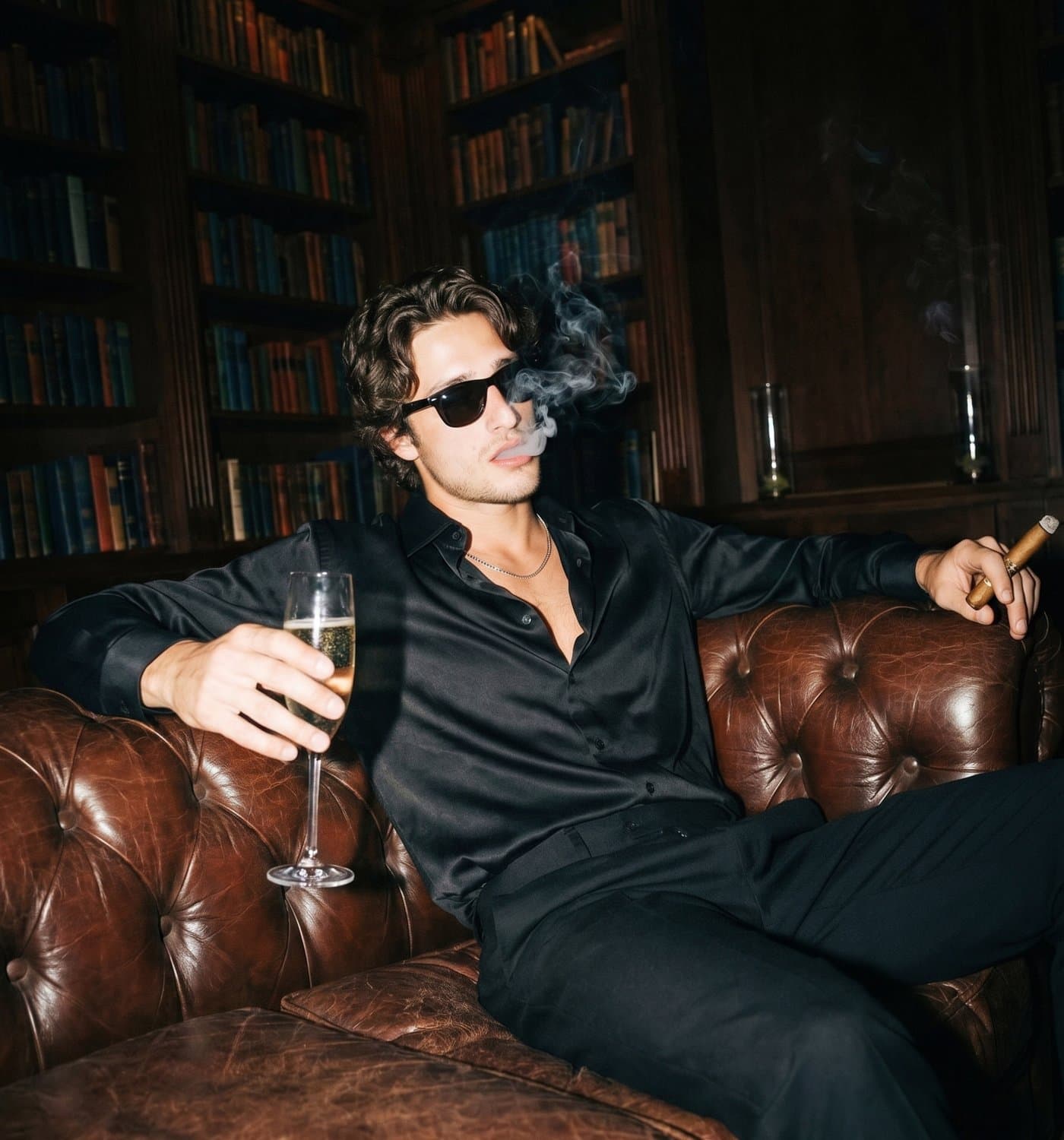 A guest smoking a cigar with champagne in a panelled library
